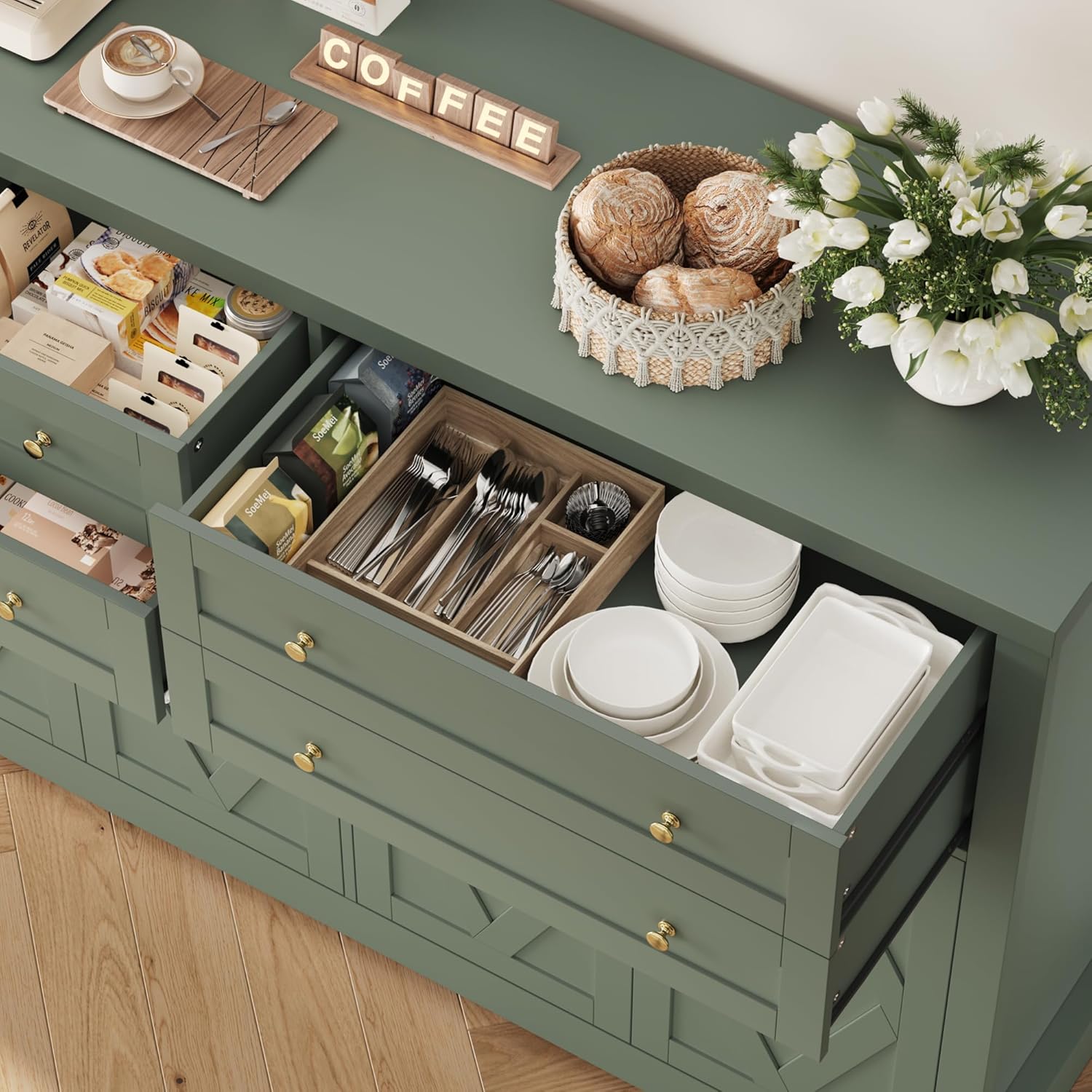 HOSTACK 55" Coffee Bar with 4 Large Drawers, 40" Tall Buffet Cabinet with Storage, Kitchen Storage Cabinet, Modern Farmhouse Sideboard Buffet, Adjustable Shelves for Living Room, Green