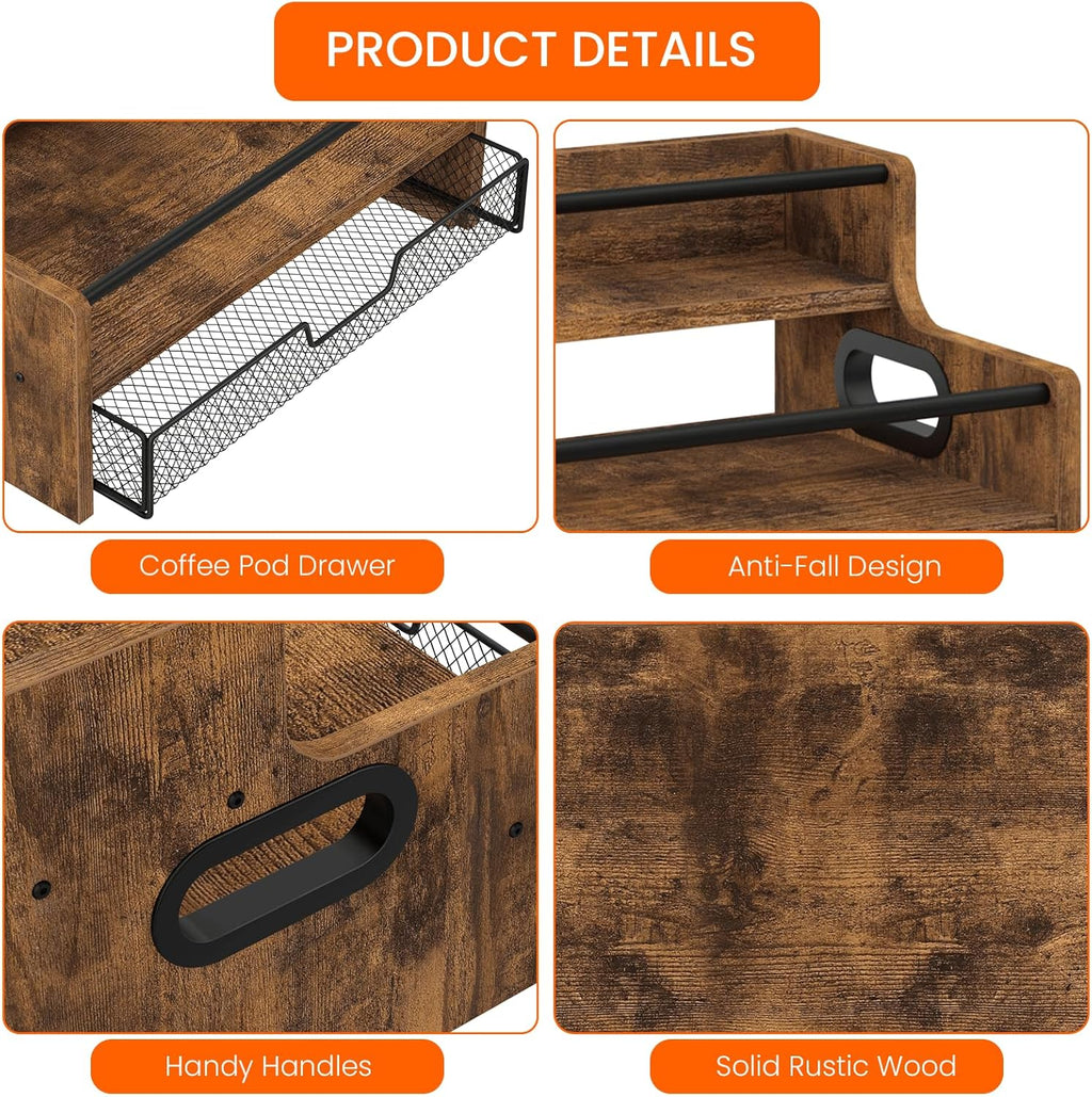 Homode Coffee Syrup Organizer Rack, 3-Tier 8 Bottles Syrup Stand with 35 K Cup Storage Drawer for Coffee Station Bar Accessories, Countertop Wood Liquor Bottle Holder for Wine, Rustic Brown