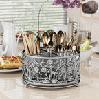 360° Rotating Utensil Caddy - Silverware Cutlery Caddy Holder with 4 Compartment, Metal Flatware Organizer Countertop with Handle for Party Camping Picnic, Kitchen Counter, Office (Silver)