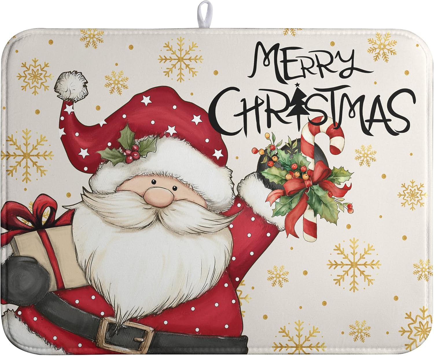Christmas Santa Themed Dish Drying Mat Winter 18x24 Inch Large Size Drying Pad for Kitchen Counter Snowflake Dish Dry Mats Microfiber Absorbent Kitchen Decor Merry Christmas Coffee Bar Pad