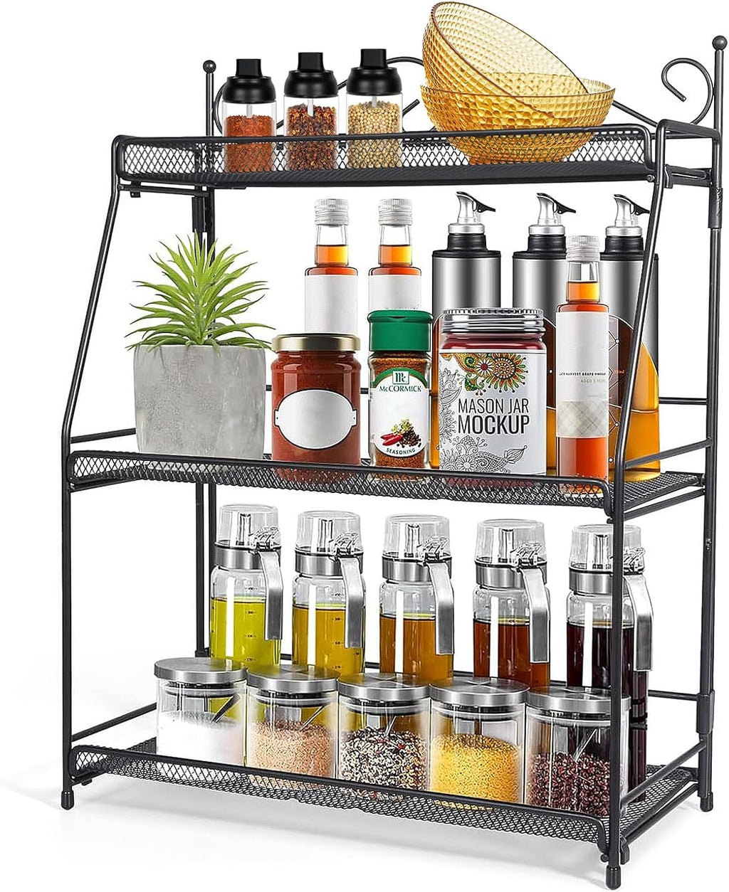 Uten Standing Spice Rack 3 Tier Metal Foldable and Durable Kitchen Rack for Countertop Kitchen Bathroom, Shelf Organizer, Standing Stainless Steel Tiered Shelf