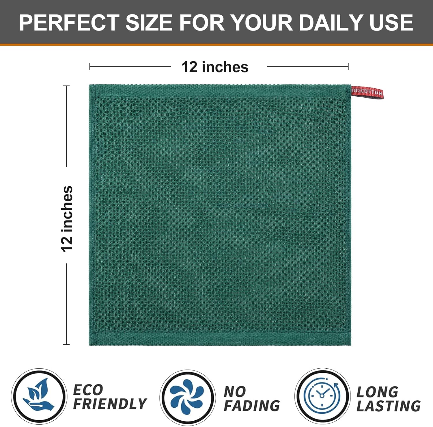 Kitinjoy 100% Cotton Kitchen Dish Cloths, 6 Pack Waffle Weave Ultra Soft Absorbent Dish Towels for Drying Dishes Quick Drying Kitchen Towels Dish Rags, 12 X 12 Inches, Dark Green