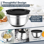 TeamFar Mixing Bowls, Black Mixing Bowls with Lids Set, Stainless Steel Nesting Salad Bowl with Air-tight Lid & Silicone Bottom, Non Slip & Stackable - Set of 6-4.6/2.6/2 / 1.5/1 / 0.7 Qt