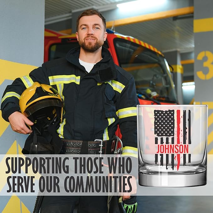 Blue Ridge Mountain Gifts - Thin Red Line Whiskey Glass - Personalized Firefighter Glass, Fireman Flag & Appreciation, Back the Red, Fire Academy Gift, Personalized Father's Day Gift First Responders