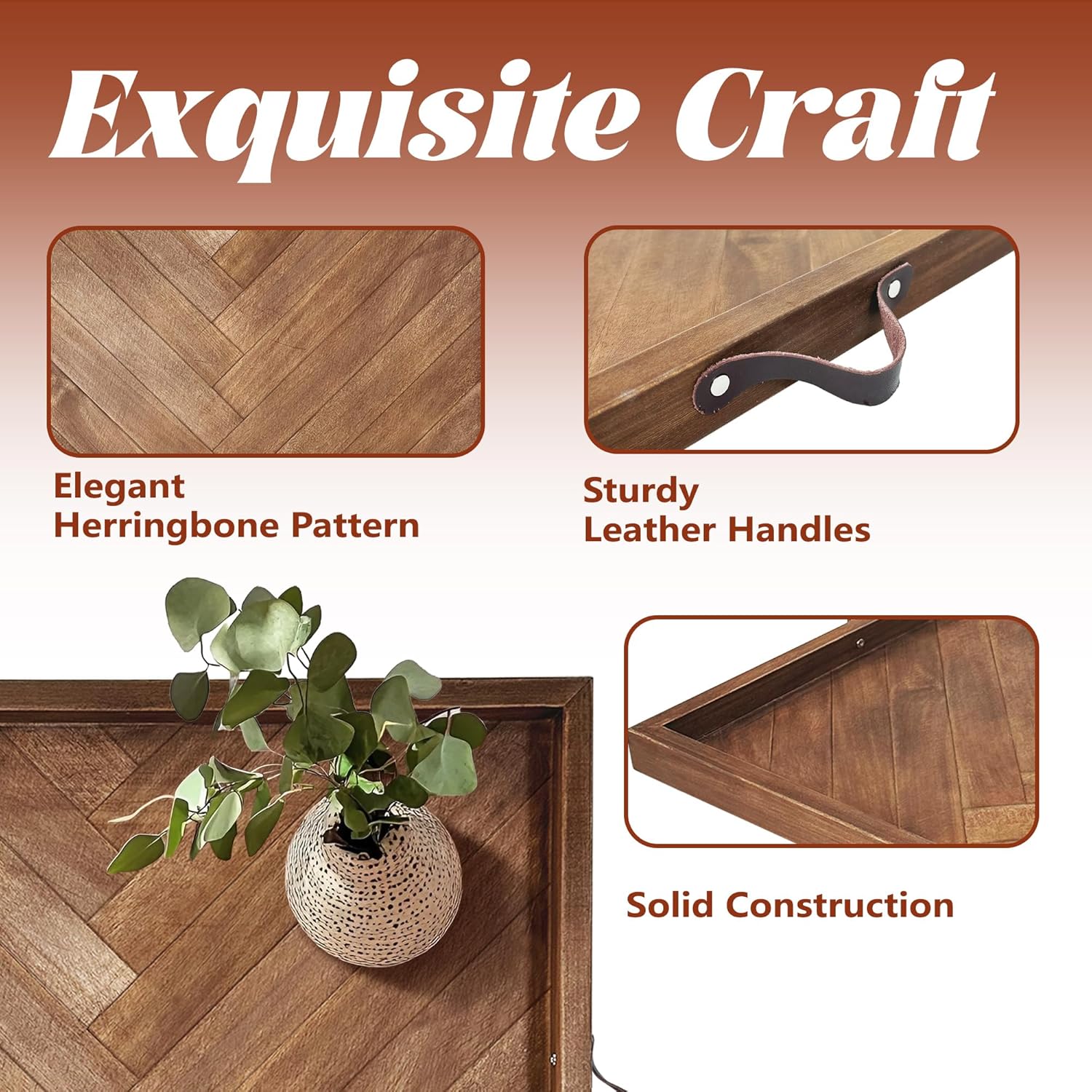 Tray for Ottoman 24 x 24 Inches, Square Ottoman Trays, Large Wooden Tray with Leather Handles, Food Serving Trays for Dinner, Breakfast, Snacks