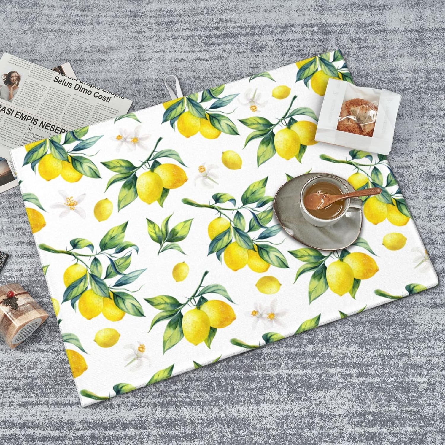 Tropical Lemon Leaves Dish Drying Mat, Highly Absorbent Microfiber Kitchen Counter Pad Reusable Washable, 18*24"