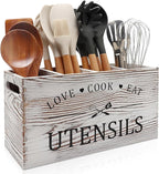 Rustic White Wooden Utensil Holder for Kitchen Counter Decor Extra Large Utensil Crock Organizer Silverware Caddy Farmhouse Wood Cutlery Holder Cooking Utensil Stand Storage kitchen Tools Holder