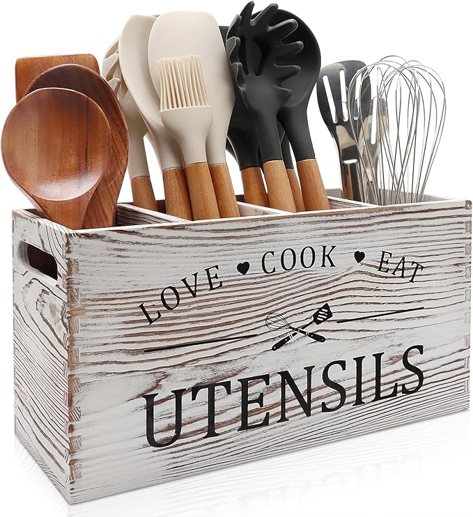 Rustic White Wooden Utensil Holder for Kitchen Counter Decor Extra Large Utensil Crock Organizer Silverware Caddy Farmhouse Wood Cutlery Holder Cooking Utensil Stand Storage kitchen Tools Holder