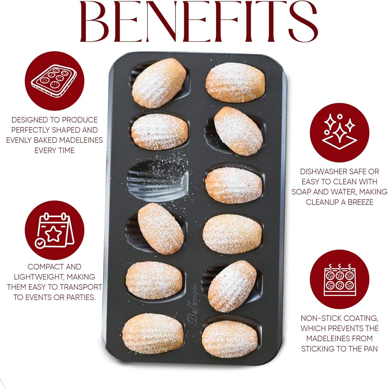 Bellemain Madeleine Pan | 12-Well Madeleine Mold Makes 12 Madeleine Cookies | Nonstick Tea Cake Pan for Madeleines, Cakelet Pan | Warp-Resistant Carbon Steel Madeline Pans (2-Pack)