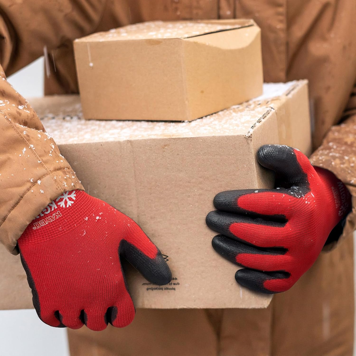 KAYGO Winter Work Gloves for Men and Women, 12 Pairs Thermal Insulated Safety Work Gloves PU Coated, Smooth Grip on Palm & Fingers,Ideal for Freezer Work,Red,XL