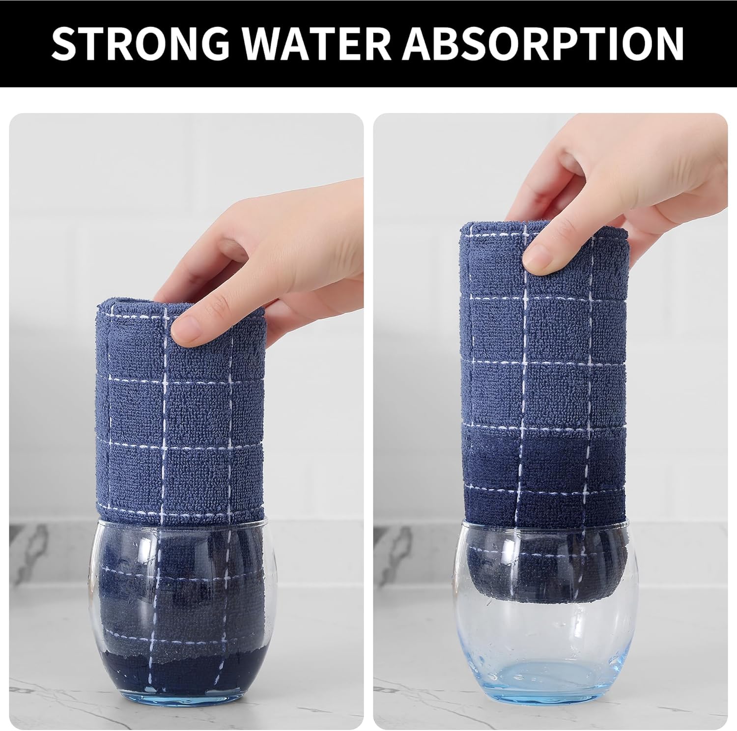 Homaxy 100% Cotton Terry Kitchen Towels(Navy Blue, 20 x 28 inches), Checkered Designed, Soft and Super Absorbent Dish Towels, Large 4 Pack