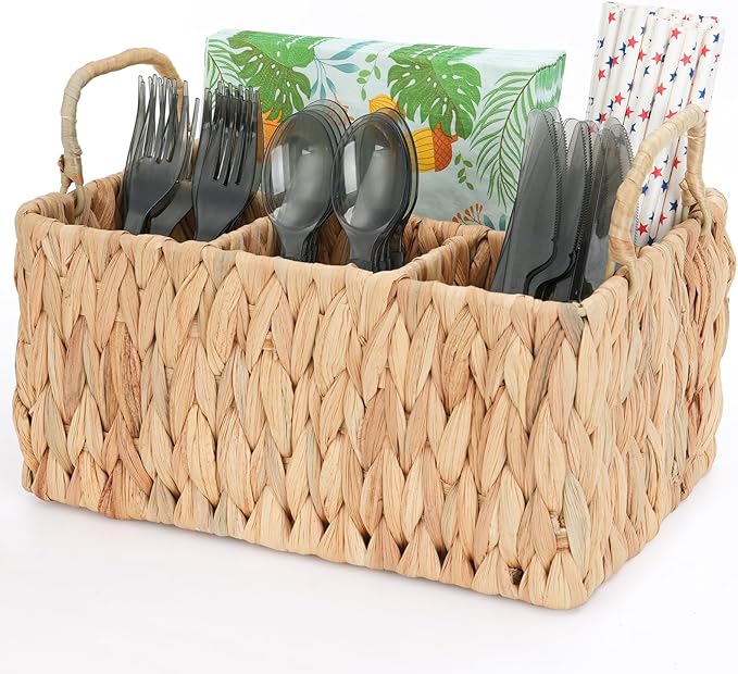 Wicker Party Silverware Caddy, Water Hyacinth Plastic Cutlery Utensil Holder, Hand Woven with Handles, Kitchen Countertop and Picnic flatware Organizer (4 compartments)
