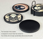 Absorbent Coasters for Drinks with Holder - 6packs, Silicone Coaster with Soft Felt Insert (4.3 inch Coasters with 4.5 inch Holder, Dual-Sided Space -Themed Patterns)