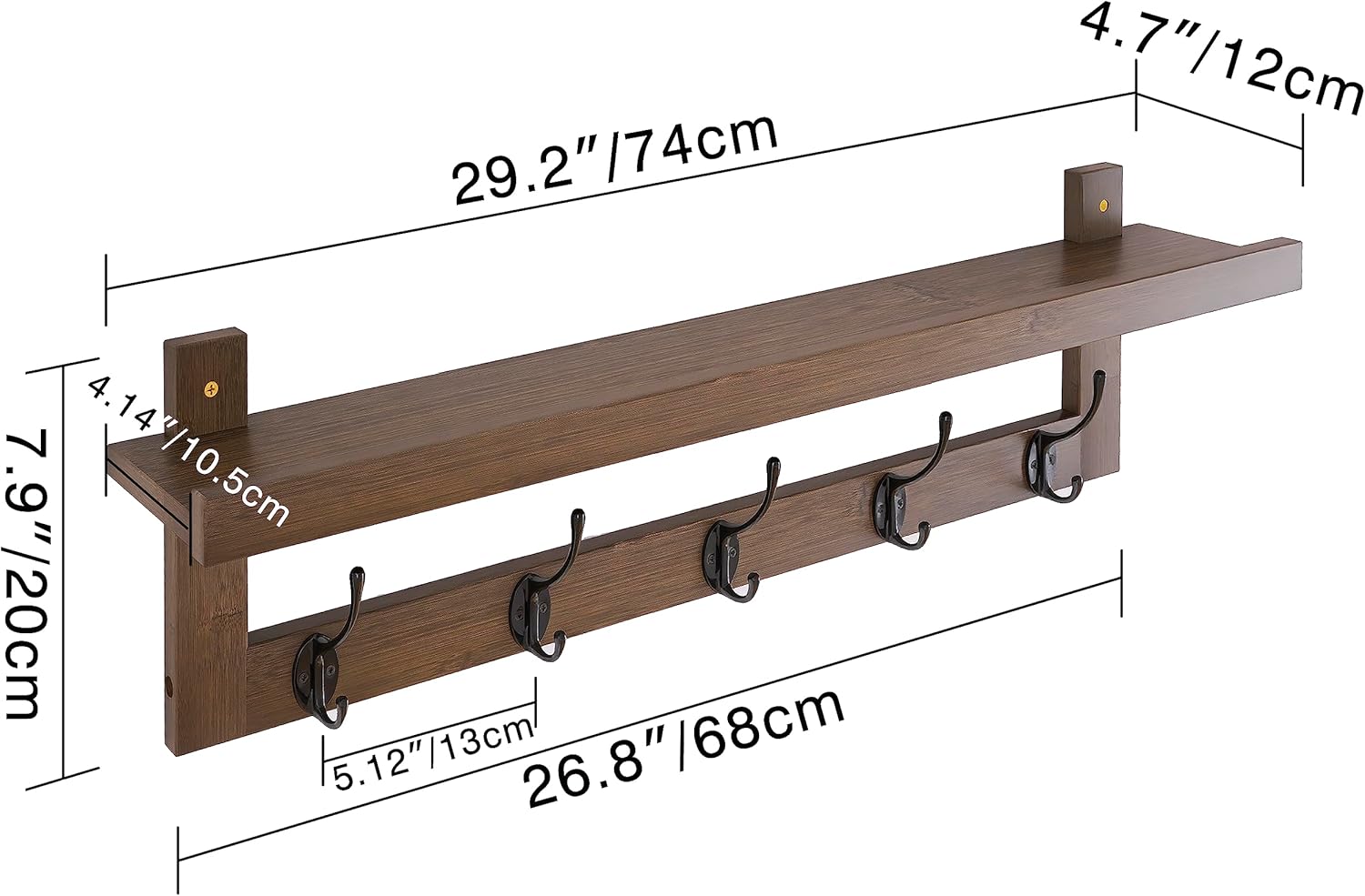 SMIBUY Coat Hooks with Shelf Wall-Mounted, 29.2 Inch Entryway Coat Rack for Wall, Bamboo Hanging Shelf with 5 Double Metal Hooks for Bathroom, Bedroom, Kitchen, Living Room, Mudroom (Walnut)