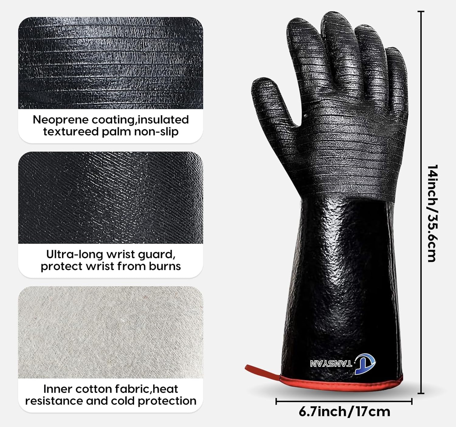 932°F Extreme Heat Resistant Gloves for Tansyan Grill BBQ, Waterproof Long Sleeve Pit Grill Gloves for Fryer, Baking, Oven,Smoker,Fireproof, Oil Resistant Neoprene Coating（14-Inch ）