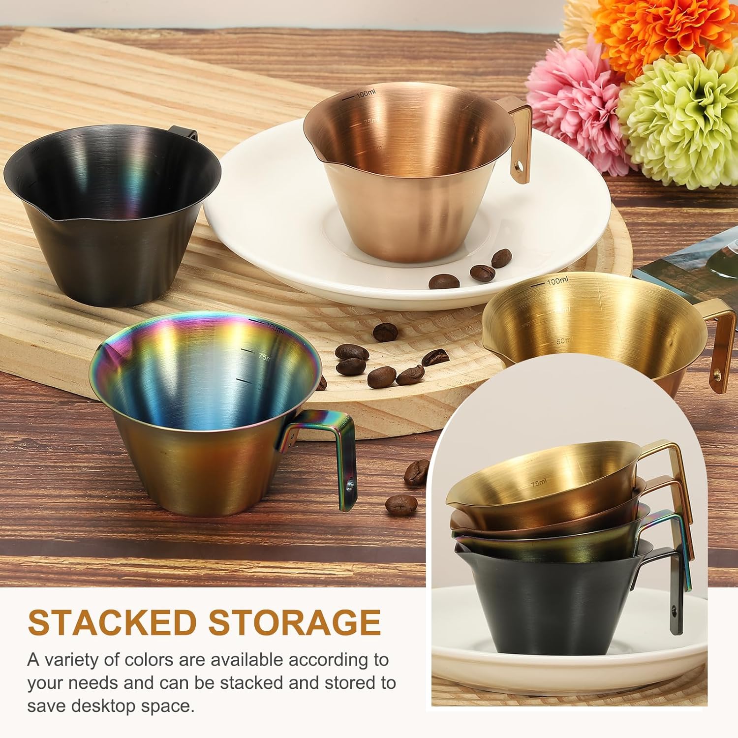 uxcell 2 Pcs Stainless Steel Espresso Cup with Handle, V-Shaped Mouth Espresso Measuring Cup with Scale for Preparing Coffee, Cocktails, 3.4OZ/100ML (Rose Gold)