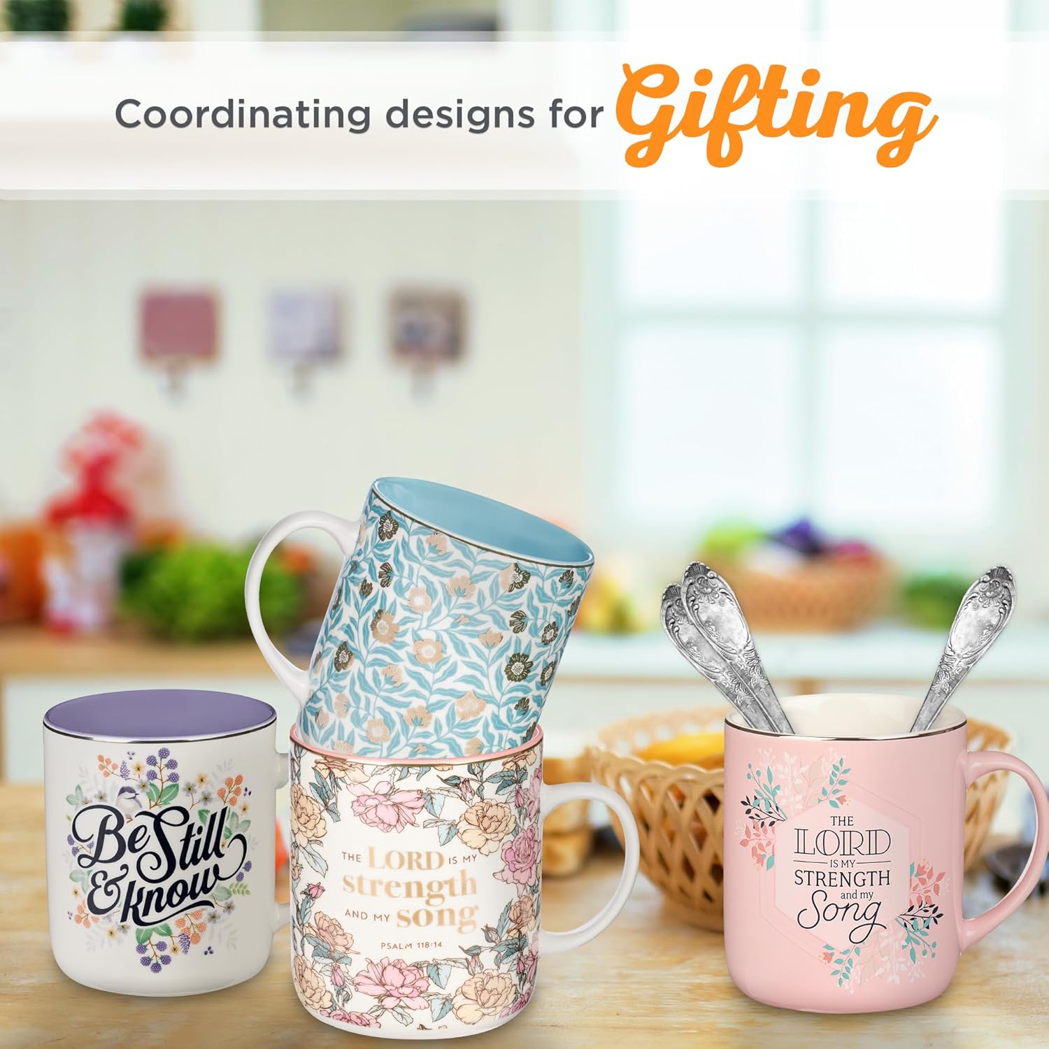 Christian Art Gifts Pink Floral Ceramic Coffee Mug – 14 oz. Lead and Cadmium-free Non-toxic Inspirational Scripture Coffee and Tea Mug for Women with Bible Verse: My Strength and My Song –Psalm 118:14