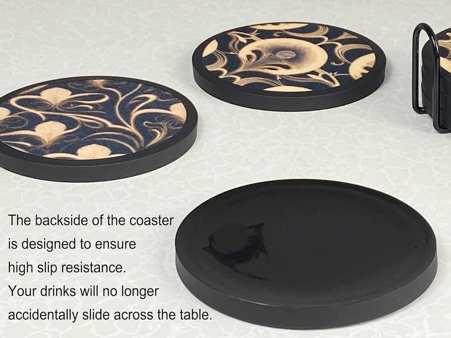Absorbent Coasters for Drinks with Holder - 6packs, Silicone Coaster with Soft Felt Insert (4.3 inch Coasters with 4.5 inch Holder, Dual-Sided Flower -Themed Patterns)