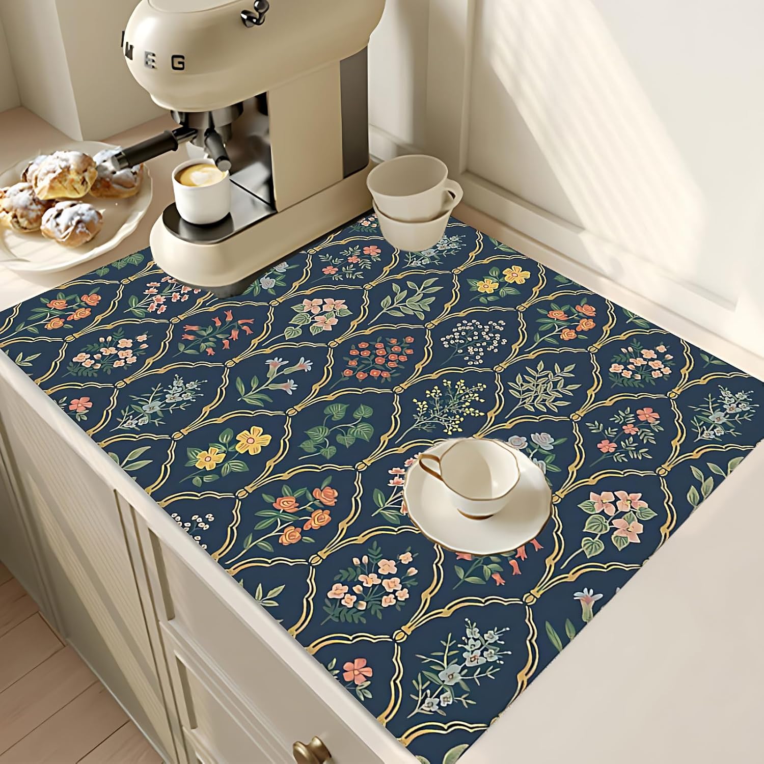 2Pcs Dish Drying Mats Faucet Mats Sets Large Size Coffee Mats Sink Faucet Mat Splash Guard for Kitchen Counter Bathroom Sink Coffee Bar Kitchen Decor (Vintage Flowers, 18"x24" 15" x 5.5"Set)