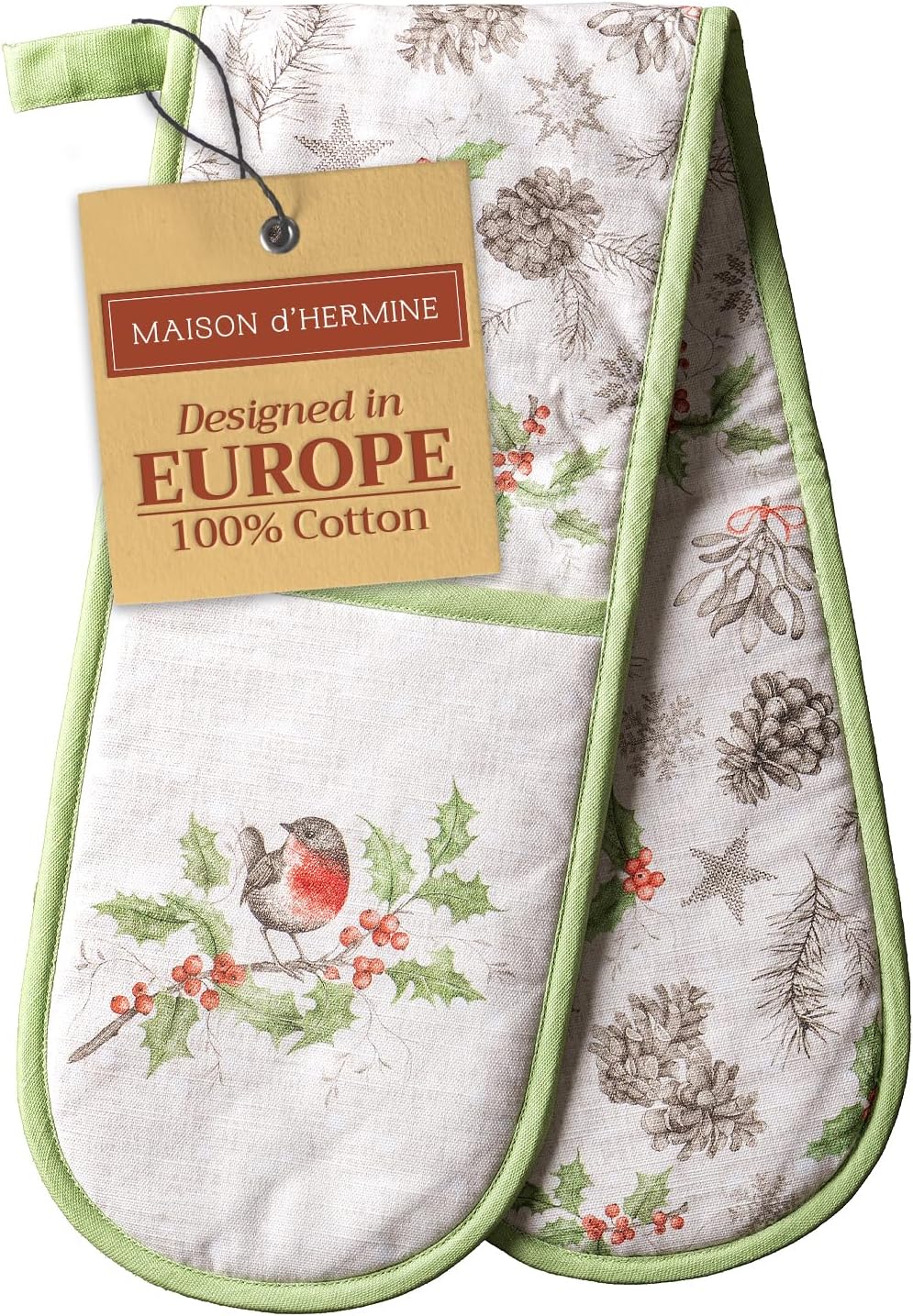 Maison d' Hermine Double Oven Mitts 100% Cotton 7"x35" Double Oven Mitt Heat Resistant BBQ Cooking Gloves with Loop, Baking, Grilling, Home, Kitchen, Handling Hot Pans (Christmas Dew)