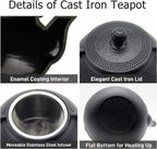 YJX Cast Iron Teapot Set with Cast Iron Warmer, Japanese Tetsubin Tea Kettle Set with Cups,Cast Iron Teapot with Stainless Steel Infuser and Enameled Interior(600ml Teapot Set Combination 1), Black