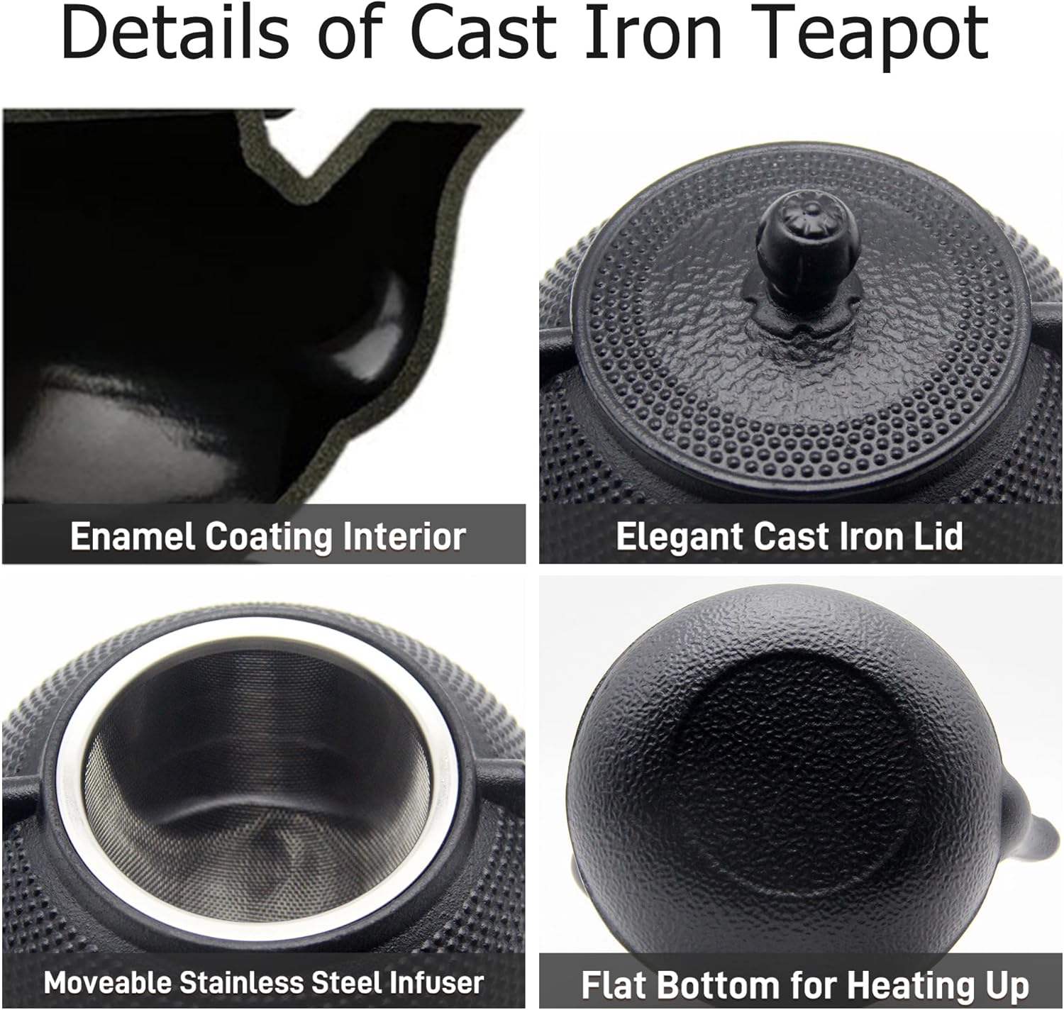 YJX Cast Iron Teapot Set with Cast Iron Warmer, Japanese Tetsubin Tea Kettle Set with Cups,Cast Iron Teapot with Stainless Steel Infuser and Enameled Interior(600ml Teapot Set Combination 1), Black