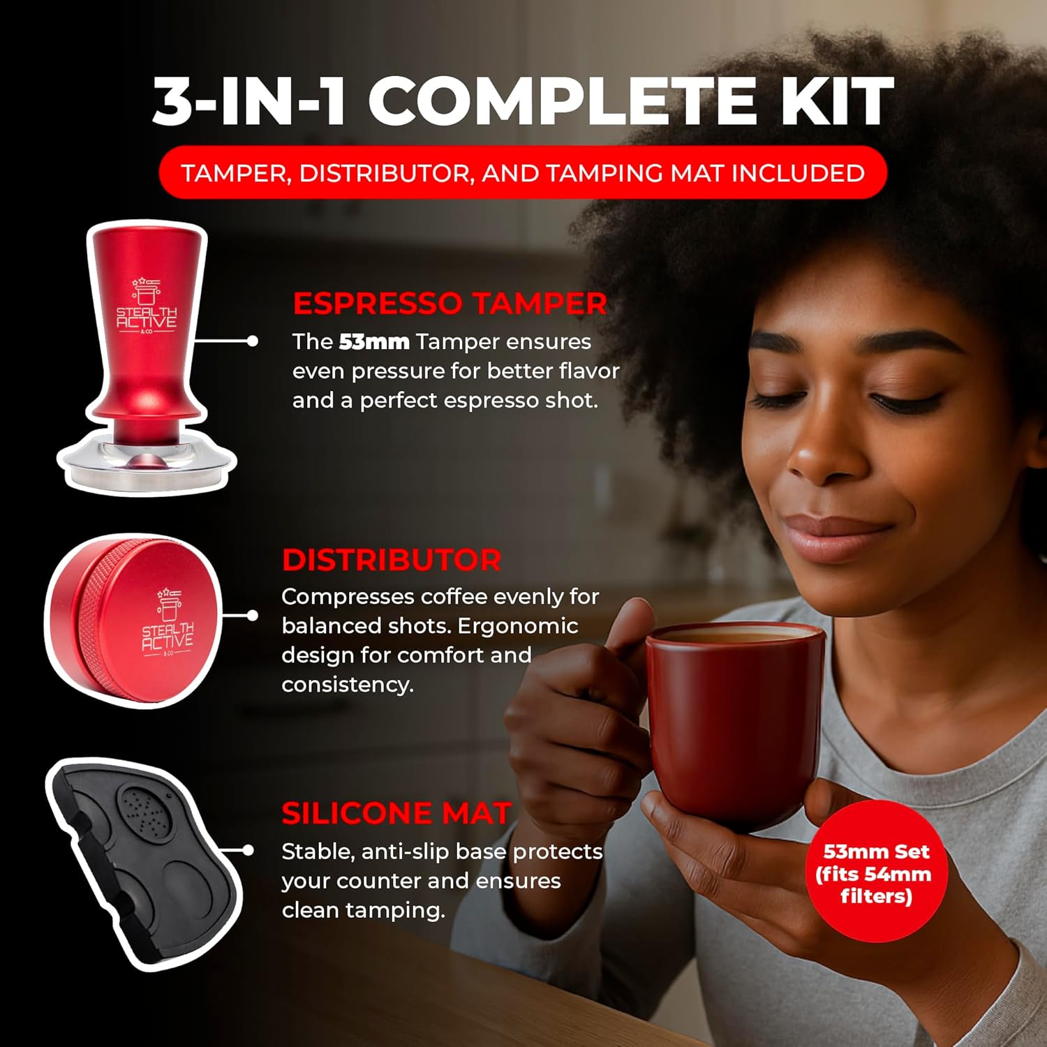 StealthActive&Co 53mm Espresso Tamper 3 in 1 Set Compatible with 54mm Filter - Spring Loaded Espresso Machine Tamper with Aluminum Handle, Espresso Distribution Tool, and Non-Slip Tamping Mat