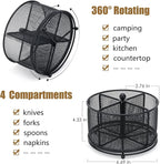 360° Rotating Metal Utensil Caddy - 4 Compartment Silverware Cutlery Holder Rotation Fork Spoon Napkin Organizer Flatware Storage Basket Party Countertop Buffet Picnic Camping Outdoor Black