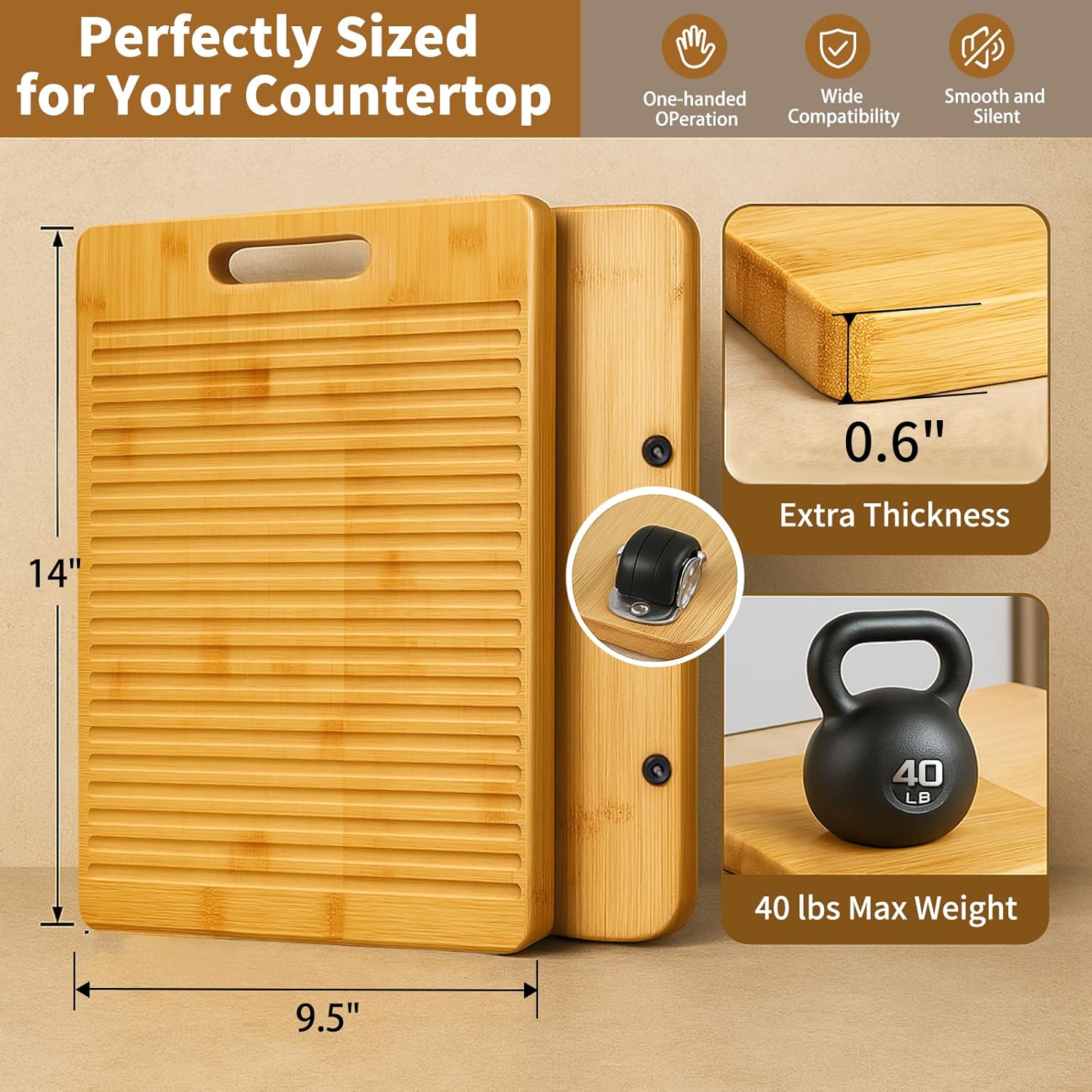 Sliding Tray for Coffee Maker, Appliance Slider Bamboo with Rubber Wheels for Heavy Kitchen Appliances, Coffee Pot Slider Tray for Countertop(14"D x 9.5"W)
