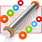 Adjustable Stainless Steel Rolling Pin with 4 Dough Thickness Rings & Non-Stick Red Pastry Mat – 17" Professional Tool for Baking Pizza, Pasta, Cookies & Pie Crusts