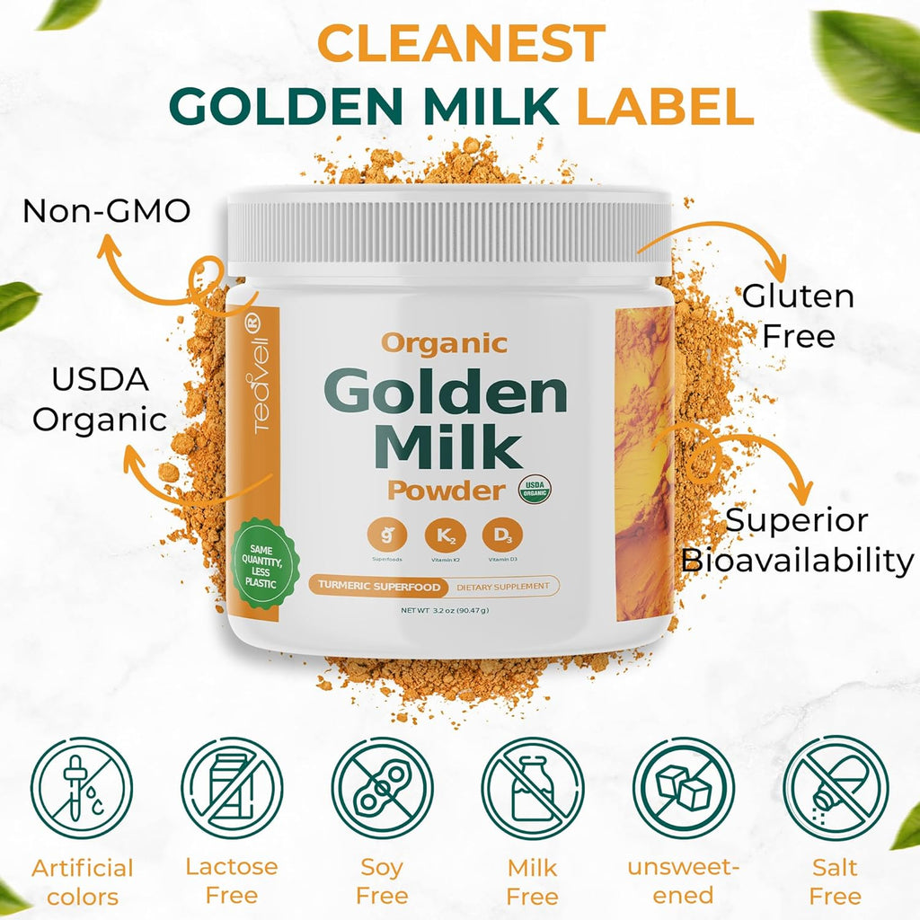 Organic Golden Milk Powder with Vitamins D3 & K2, Turmeric, Ginger, Curcumin, Cinnamon, KSM66 Ashwagandha, Holy Basil & Natural Prebiotics– Delicious Unsweetened Turmeric Tea Latte - 3 Pack