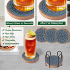 5 Pack Absorbent Coasters for Coffee Table with Holder, Wood Coasters with Felt Pads, Non-Slip, Non-Stick, Suit for Kinds of Cups 4.3 inch (Gray)