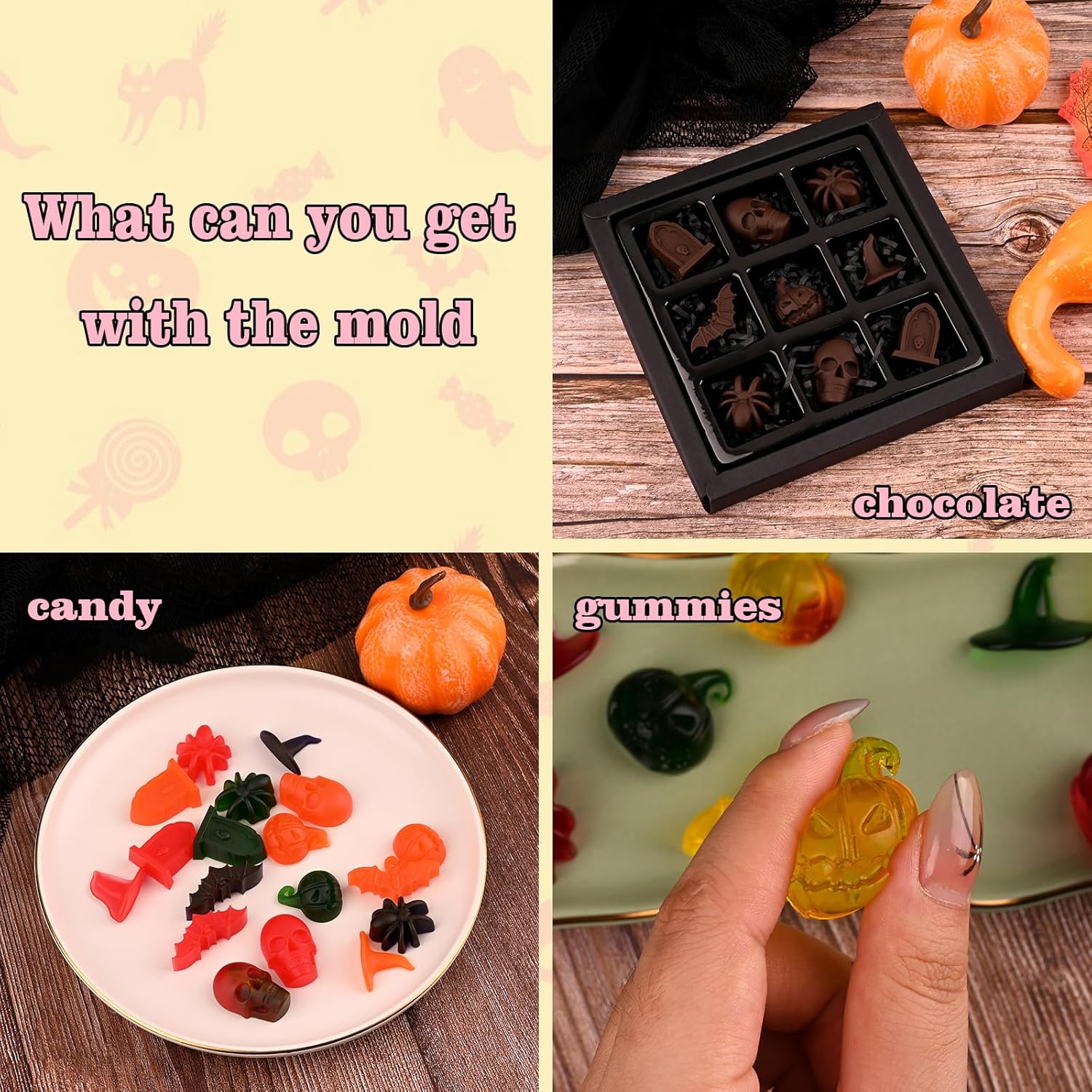 Actvty Halloween Chocolate Silicone Mold, 4 Packs Candy Gummy Molds of 18 Cavity with Skull Pumpkin Ghost Witch Hat Bat Spider Tombstone Shapes for Baking Chocolate Gummy Jelly Dessert