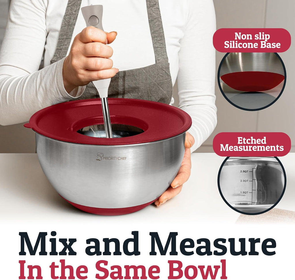 Priority Chef Stainless Steel Mixing Bowls with Lids Set, 3 Grater Attachments, Airtight Lids, Non-Slip Silicone Base Mixing Bowl Set, Large Prep Metal Mixing Bowls for Kitchen, Red