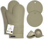 Rorecay 6pcs Oven Mitts and Pot Holders Sets Heat Resistant 500 Degrees, Extra Long Silicone Oven Gloves Non-Slip Potholders Hot Pads for Kitchen Baking Cooking, Quilted Liner, Martini Olive