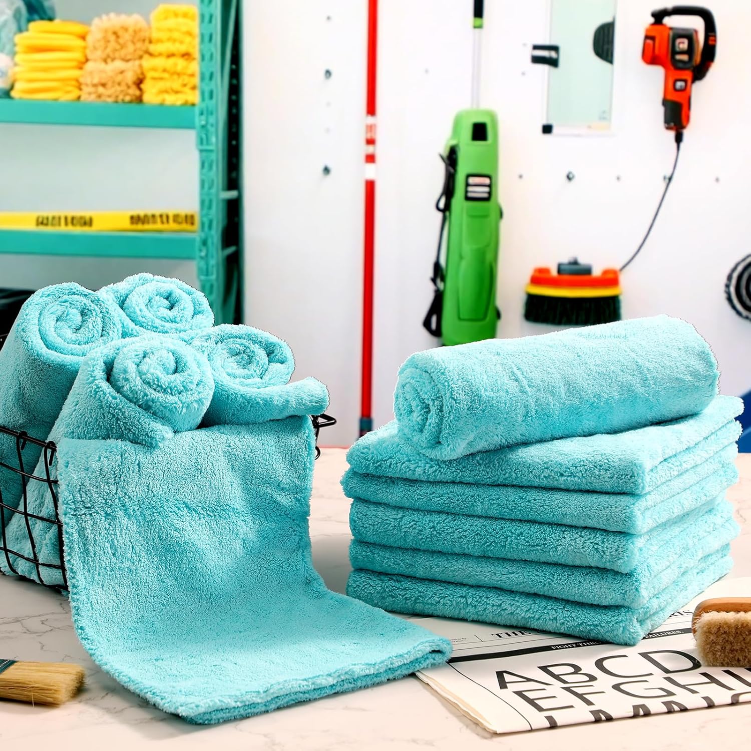 Shimeyao 30 Pcs Edgeless Microfiber Plush Towels for Cars Detailing Drying Wash Polishing Absorbent Cleaning Cloths, 500 GSM, 16 x 16 Inch(16 x 16 Inch, Teal Blue, 30 Pcs)