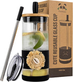 Pandaloo® Glass Cups With Lids and Straws -20 Fl Oz- Hand Made cool shell-raffia detail- Perfect Size Iced Coffee Cup - Smoothie Cup - BPA Free- (Ethnic-Chic Natural, 1 Count (Pack of 1))