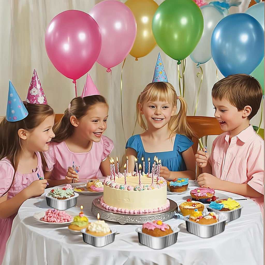 25 Pack Square Mini Cake Pans with Lids,Mini Loaf Pans with Lids,Aluminum Foil Baking Cups,Disposable Ramekins Cupcake Cups,Dessert Cups for Wedding Birthday Party Picnics,5oz (Silver)