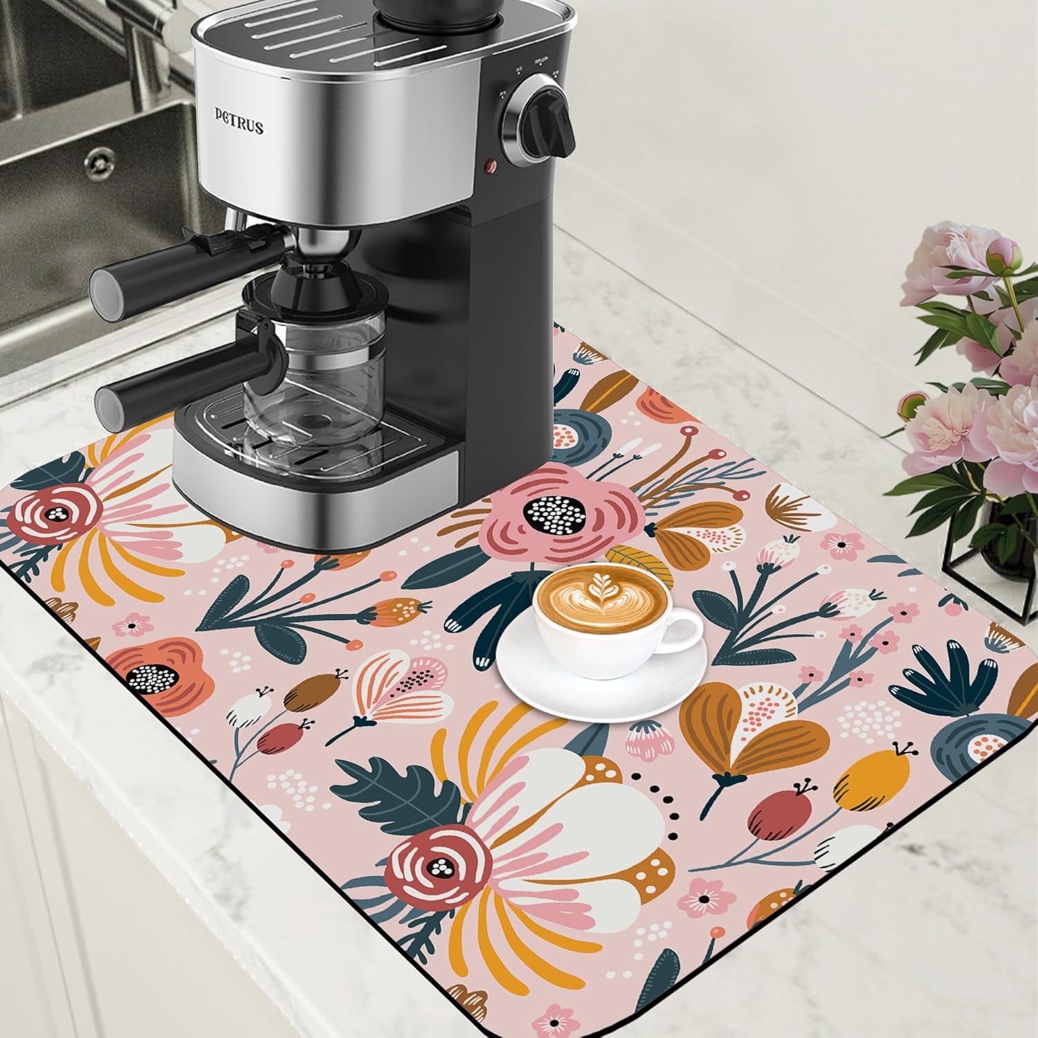 Dish Drying Mat Pink Flowers Berries Leaves Coffee Bar Mat for Countertop Absorbent Hide Stain Rubber Backed Dish Drainer Rack Pad Espresso Machine Dining Room Decor 15.7 x 23.6 Inch