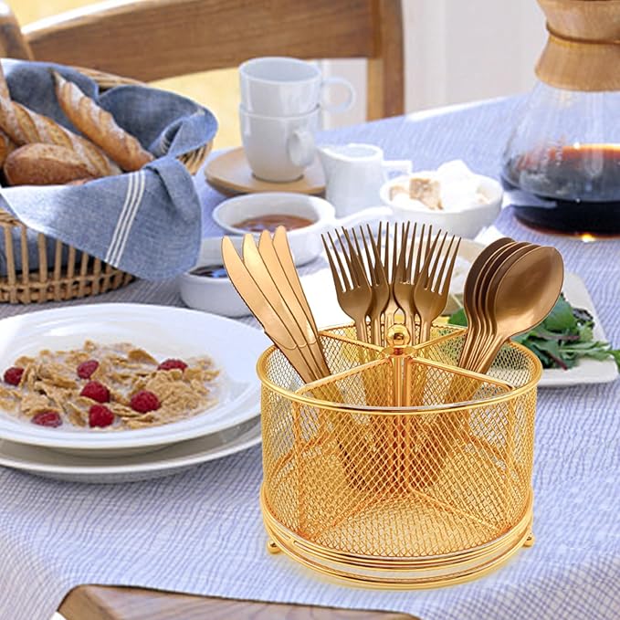 360° Rotating Metal Utensil Caddy - 4 Compartment Silverware Cutlery Holder Rotation Fork Spoon Napkin Organizer Flatware Storage Basket Party Countertop Buffet Picnic Camping Outdoor Gold