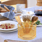 360° Rotating Metal Utensil Caddy - 4 Compartment Silverware Cutlery Holder Rotation Fork Spoon Napkin Organizer Flatware Storage Basket Party Countertop Buffet Picnic Camping Outdoor Gold
