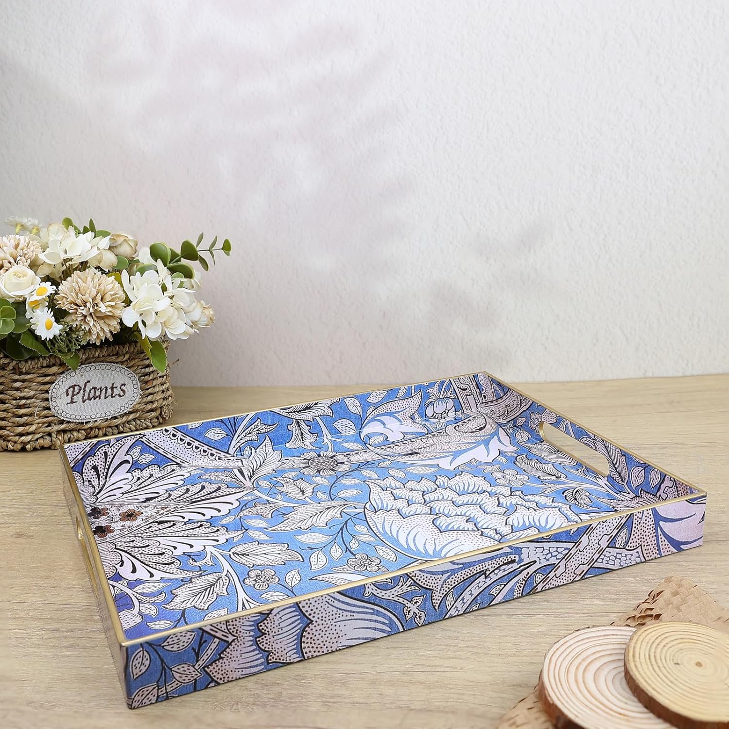 Rectangle Serving Tray with Handles, Coffee Table Tray for Ottoman, Living Room, Outdoor Tray for Patio Entertaining, Serving Breakfast Kitchen Platter, Windrush