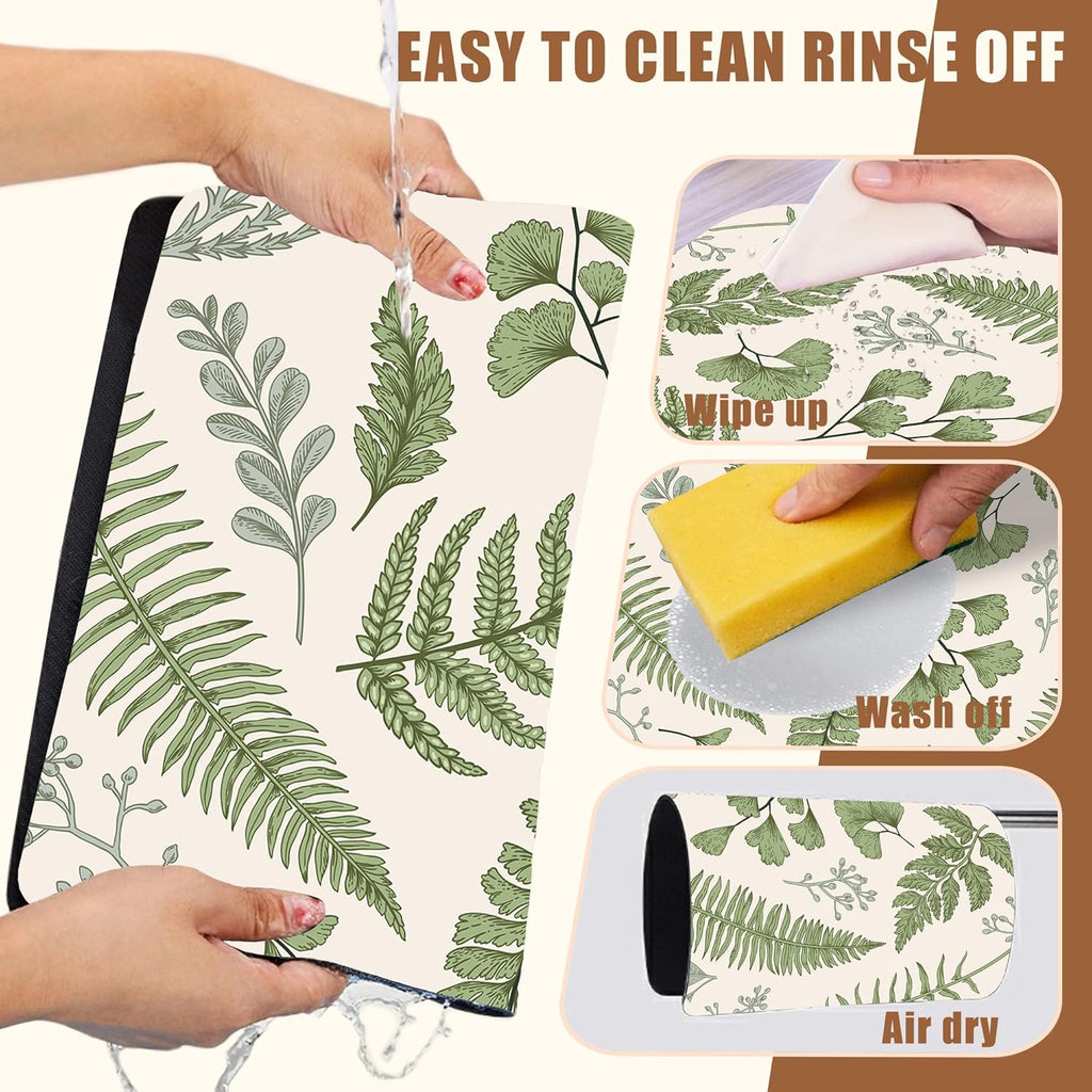 Leaves and Herbs Dish Drying Mat for Kitchen Counter Coffee Bar Mat Hide Stain Absorbent Rubber Backed Dish Drainer Rack Pad Coffee Maker Espresso Machine Table Accessories 15.7 x 23.6 Inch