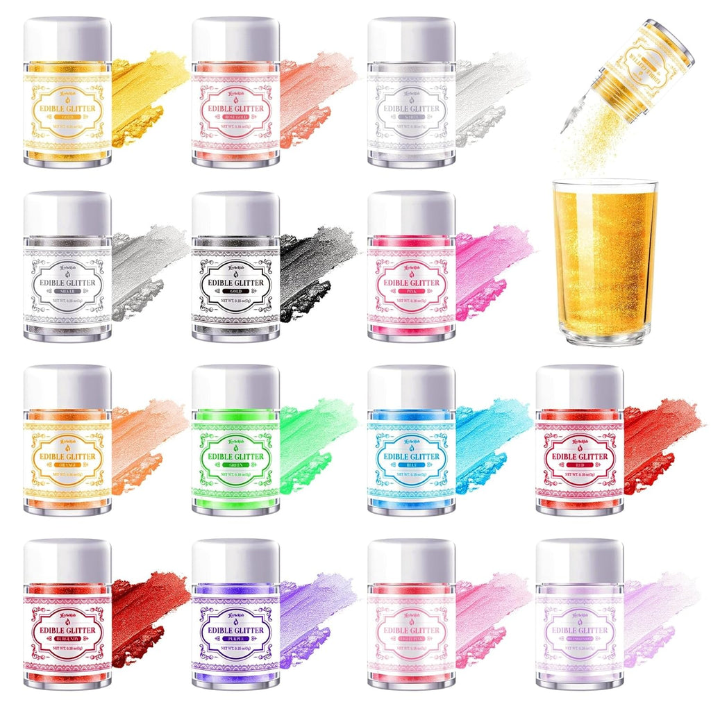 Edible Glitter for Cocktails - 14 Colors Luster Dust Edible Drink Glitter Food Grade Metallic Shimmer Powder Cake Sprinkles for Beverage Chocolate Candy, 5g/Bottle