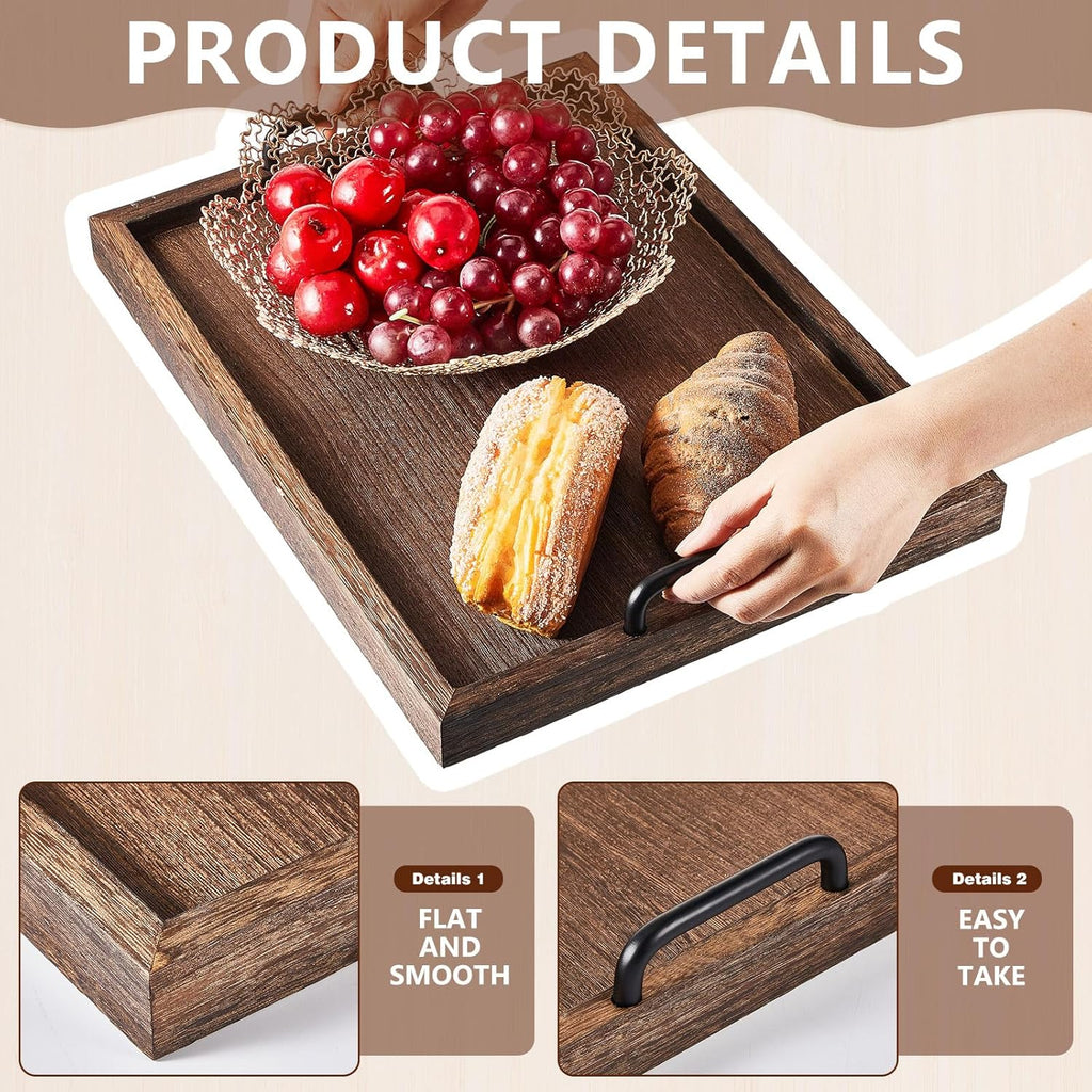Lallisa 4 Pcs Large Wooden Serving Trays Decorative 15.75 x 11.81 x 2.36 Inch Ottomantray Rustic with Handle for Banquet Party Rectangular Lap Tray for Breakfast Coffee Table Picnic Bed Eating