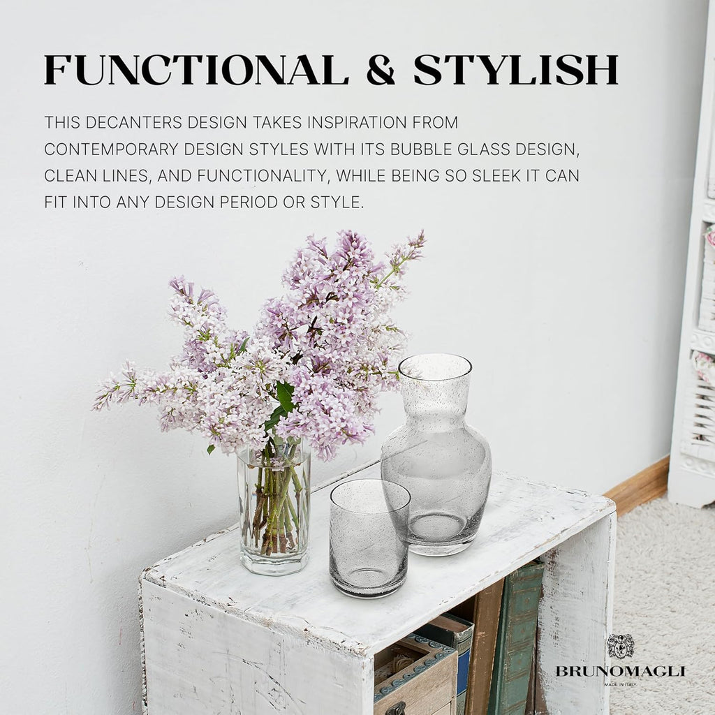 Bruno Magli Bubble Carafe | 2-Pc Set | Drinking Glass Tumbler Doubles as a Lid | Water Pitcher with Matching Cup for Office, Nightstand, Home, & Guest Room Décor | Gift Boxed | 28-Oz (Gray)