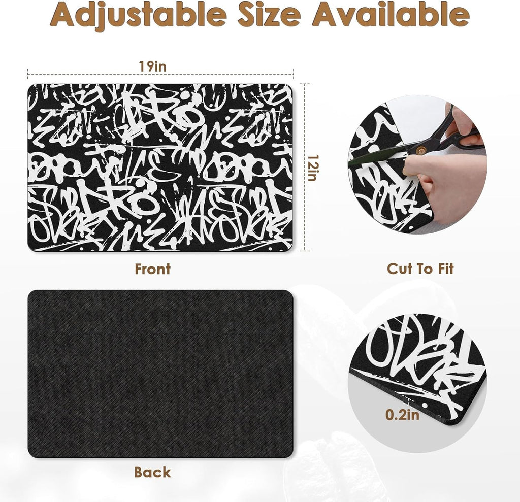 Arttown Coffee Mat for Countertops, Graffiti Abstract Letters Old School Black Dish Drying Mat 2 Pcs for Kitchen Bar Accessories, Coffee Maker Espresso Machine Dish Rack Hide Stain Rubber 12x19in