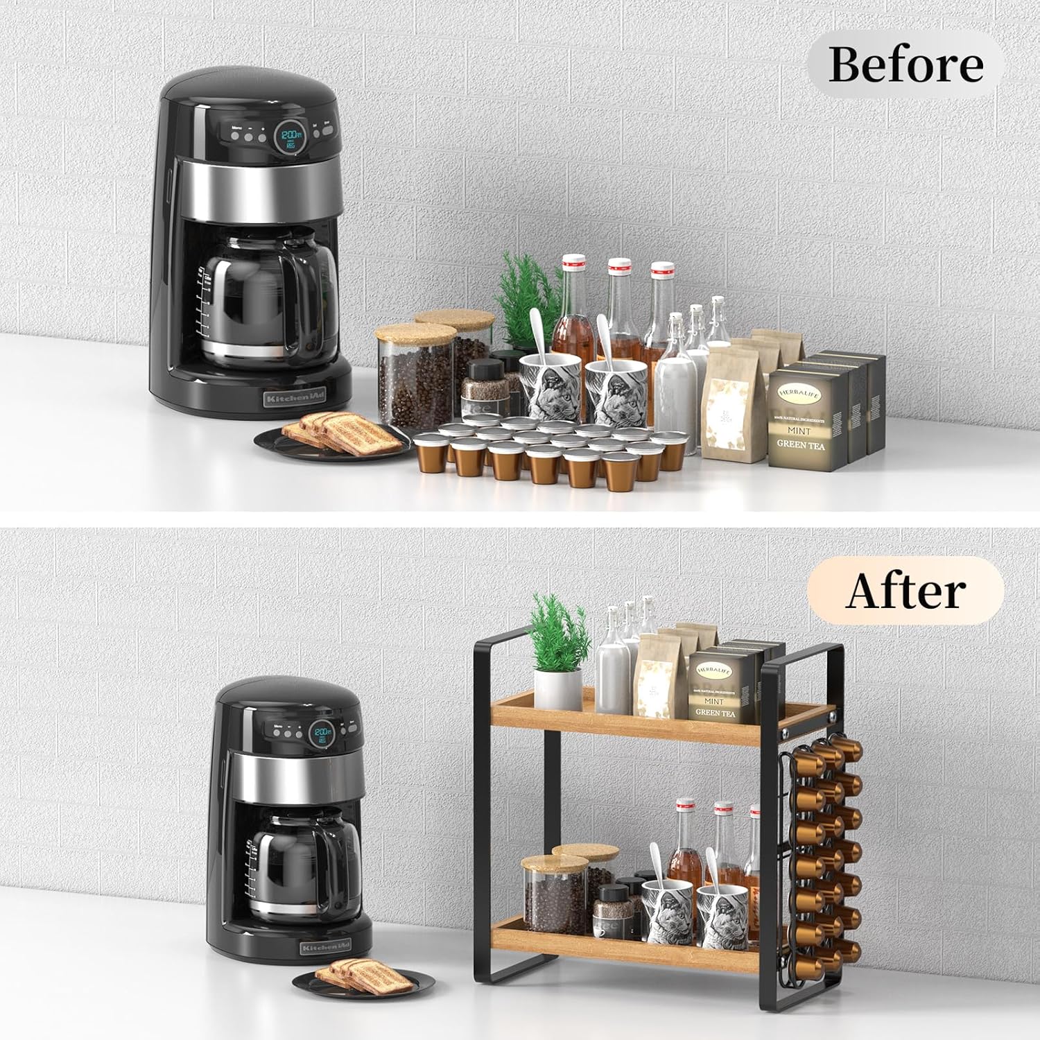 LEMIKKLE Coffee Station Organizer,Compatible with Nespresso Classic Pods 24pcs, Coffee Bar Accessories and Cup Storage Organizer, Wood Counter Shelves for Kitchen, Office, Countertop