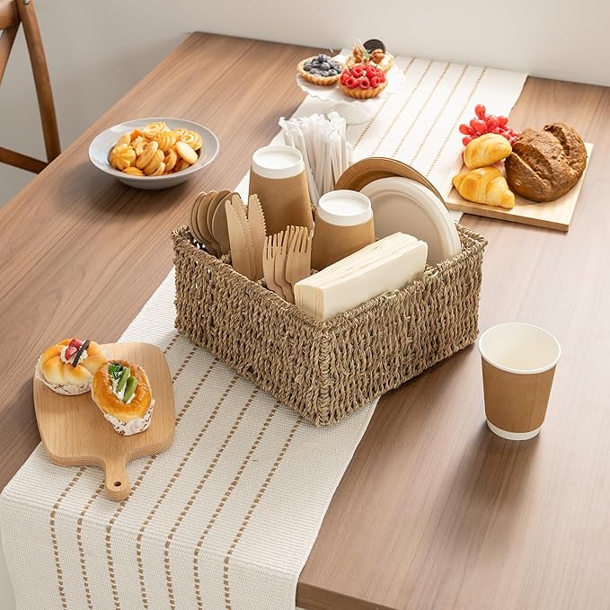 StorageWorks Wicker Silverware Organizer with Handle, Seagrass Kitchen Utensil Holder, Large Utensil Holder for Kitchen Counter, Spoon Forks Knife Cutlery Caddy, Paper Plate Dispenser for Countertop