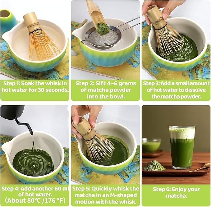 8PCS Matcha Whisk Set, Ceramic Matcha Tea Set Includes Matcha Bowl with Spout, Holder, Bamboo Whisk, Spoon, Sifter, Tea Cloth, Scoop and Scoop Stand (Hammered Gradient Green and Blue)